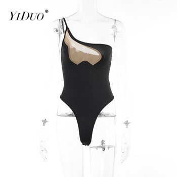 YiDuo See Through Mesh Patchwork Μαύρο κορμάκι Σέξι στολές Γυναίκα με έναν ώμο εξώπλατο ασύμμετρο τοπ Streetwear Κοστούμια