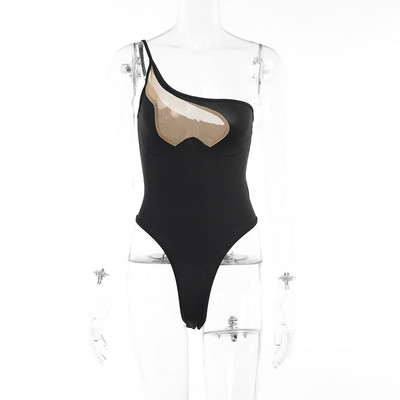 YiDuo See Through Mesh Patchwork Black Bodysuit Seksi odjeća Ženska asimetrična gornja odjeća na jedno rame bez leđa