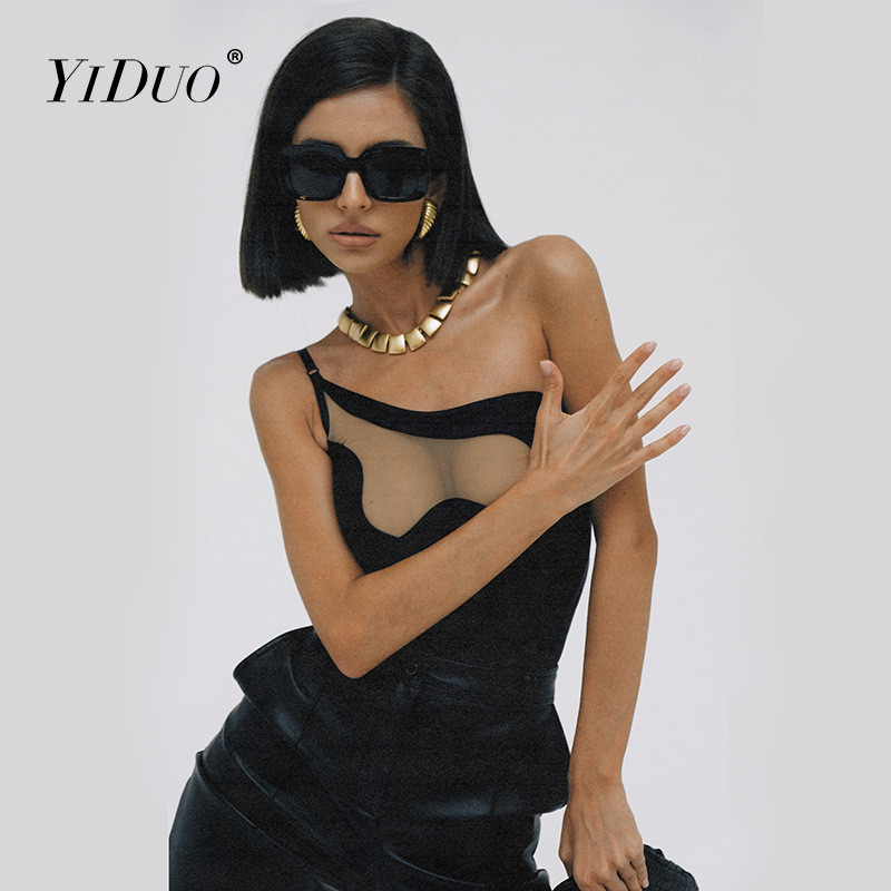 YiDuo See Through Mesh Patchwork Black Bodysuit Seksi odjeća Ženska asimetrična gornja odjeća na jedno rame bez leđa