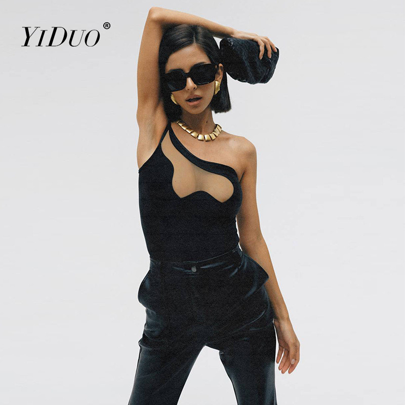 YiDuo See Through Mesh Patchwork Black Bodysuit Seksi odjeća Ženska asimetrična gornja odjeća na jedno rame bez leđa