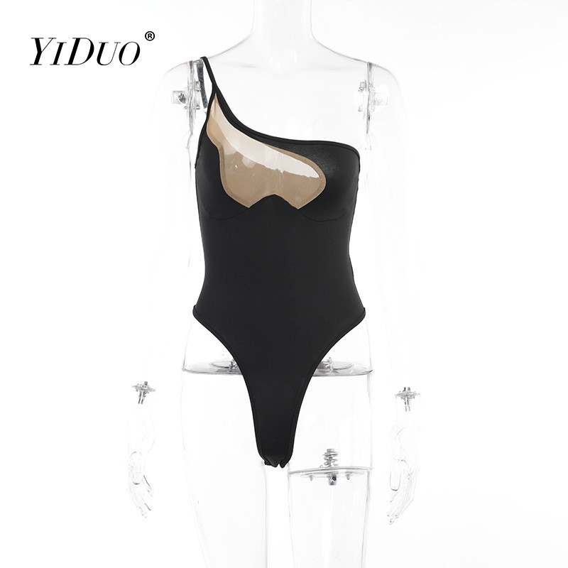 YiDuo See Through Mesh Patchwork Black Bodysuit Seksi odjeća Ženska asimetrična gornja odjeća na jedno rame bez leđa