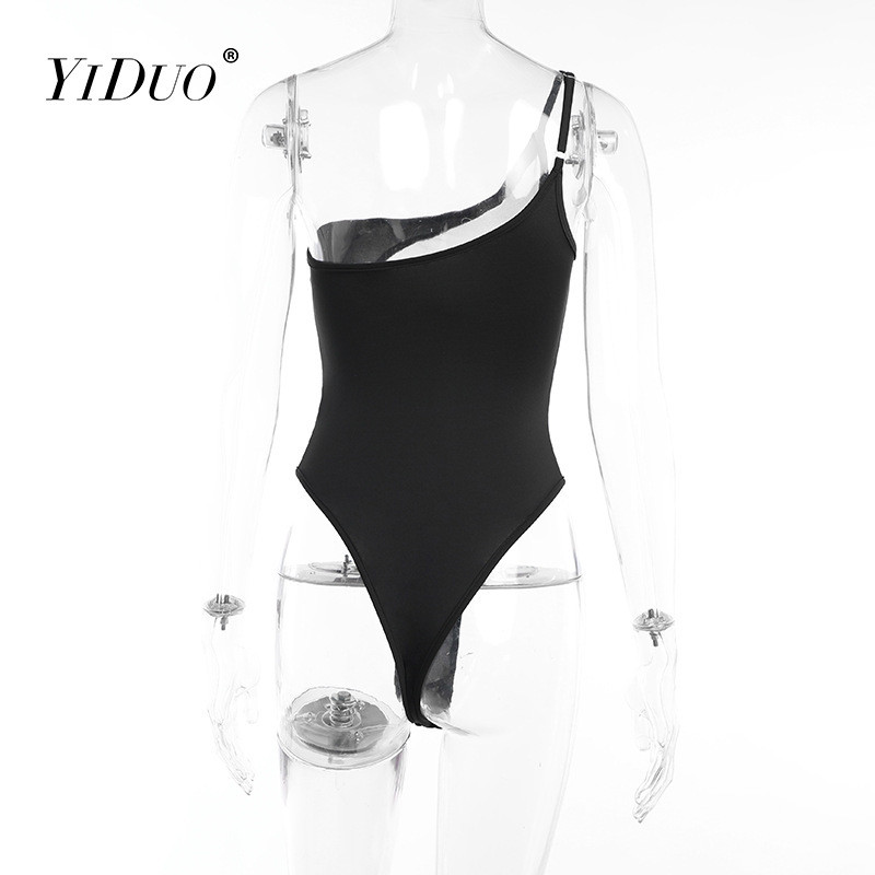 YiDuo See Through Mesh Patchwork Black Bodysuit Seksi odjeća Ženska asimetrična gornja odjeća na jedno rame bez leđa