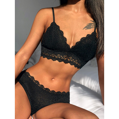 Set de sutien și chiloți sexy din dantelă franceză triunghiulară Set bralette fără fir cu căptușeală subțire Lenjerie de corp U fără spate Lenjerie pentru femei 2021 nou