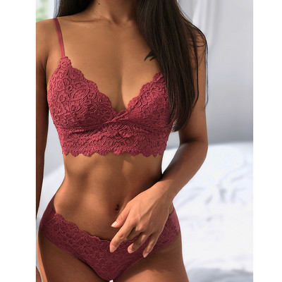 Set de sutien și chiloți sexy din dantelă franceză triunghiulară Set bralette fără fir cu căptușeală subțire Lenjerie de corp U fără spate Lenjerie pentru femei 2021 nou