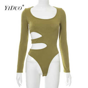YiDuo Waist Hollow Out Basic Solid Bodysuit Дамско секси U-образно деколте Еластичен топ с дълъг ръкав Femme Bodycon Гащеризон Есен Зима