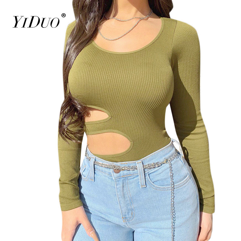 YiDuo Talie scobită Body de bază solid pentru femei Sexy cu gâtul în U elastic cu mâneci lungi Body Top Femme Bodycon Salopetă toamnă iarnă