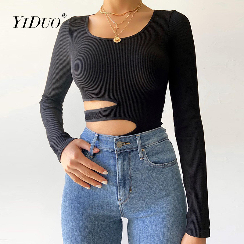 YiDuo Talie scobită Body de bază solid pentru femei Sexy cu gâtul în U elastic cu mâneci lungi Body Top Femme Bodycon Salopetă toamnă iarnă