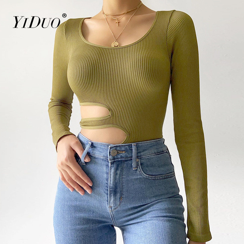 YiDuo Talie scobită Body de bază solid pentru femei Sexy cu gâtul în U elastic cu mâneci lungi Body Top Femme Bodycon Salopetă toamnă iarnă
