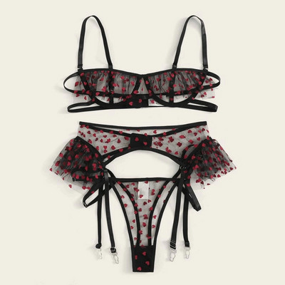 Seksi pidžama Aduloty Woman Heart Print Podvezica Prozirni komplet donjeg rublja Mrežasti set bez čašica s žicom i tangama Slatki čipkasti grudnjak