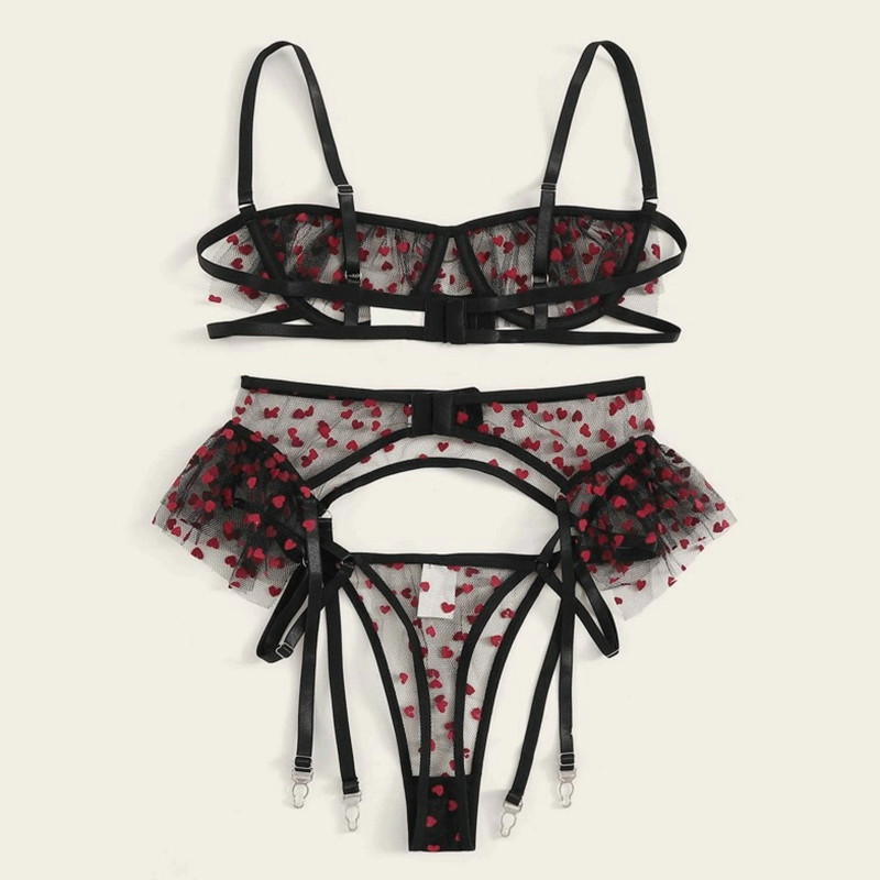 Seksi pidžama Aduloty Woman Heart Print Podvezica Prozirni komplet donjeg rublja Mrežasti set bez čašica s žicom i tangama Slatki čipkasti grudnjak