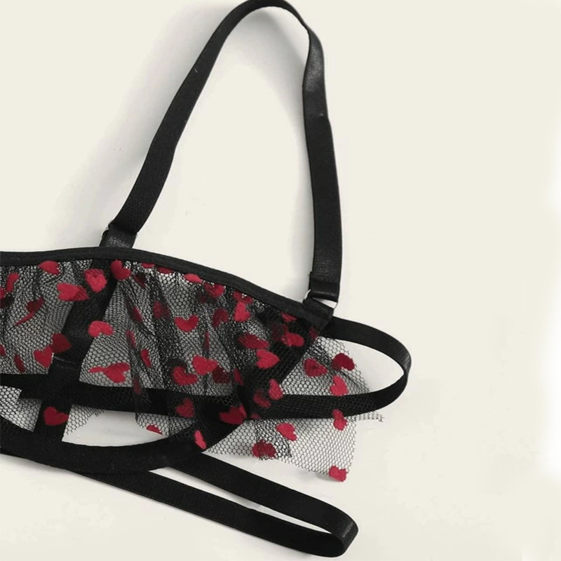 Seksi pidžama Aduloty Woman Heart Print Podvezica Prozirni komplet donjeg rublja Mrežasti set bez čašica s žicom i tangama Slatki čipkasti grudnjak