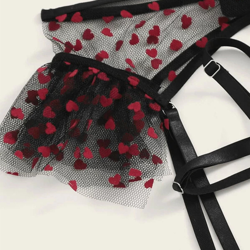 Seksi pidžama Aduloty Woman Heart Print Podvezica Prozirni komplet donjeg rublja Mrežasti set bez čašica s žicom i tangama Slatki čipkasti grudnjak