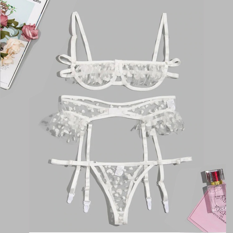 Seksi pidžama Aduloty Woman Heart Print Podvezica Prozirni komplet donjeg rublja Mrežasti set bez čašica s žicom i tangama Slatki čipkasti grudnjak
