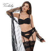 Varsbaby Set de lenjerie cu jumătate de cupă din dantelă sexy pentru femei Robe+sutien+chiloți+jartiere+ciorapi +tangă 6 buc