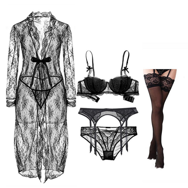 Varsbaby Set de lenjerie cu jumătate de cupă din dantelă sexy pentru femei Robe+sutien+chiloți+jartiere+ciorapi +tangă 6 buc