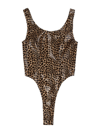 Лачено кожено секси боди Дамски летен моден костюм с леопардов принт Без ръкави Тесен гащеризон с високо изрязано тяло Нов