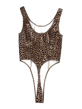 Лачено кожено секси боди Дамски летен моден костюм с леопардов принт Без ръкави Тесен гащеризон с високо изрязано тяло Нов