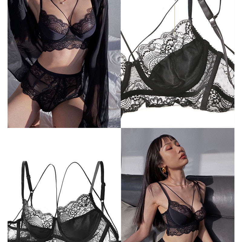 Γαλλικό εξαιρετικά λεπτό σέξι δαντελένιο σετ σουτιέν Γυναικεία κούφια μαύρα εσώρουχα Plus size CD Cup Bralette Body Sculpting Σετ εσώρουχα ψηλά στη μέση