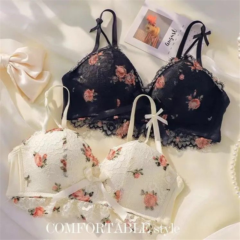 Set sutiene și chiloți push-up pentru femei, dantelă florală, transparentă, respirabilă, drăguță, lenjerie intima sexy, sutien fără sudură