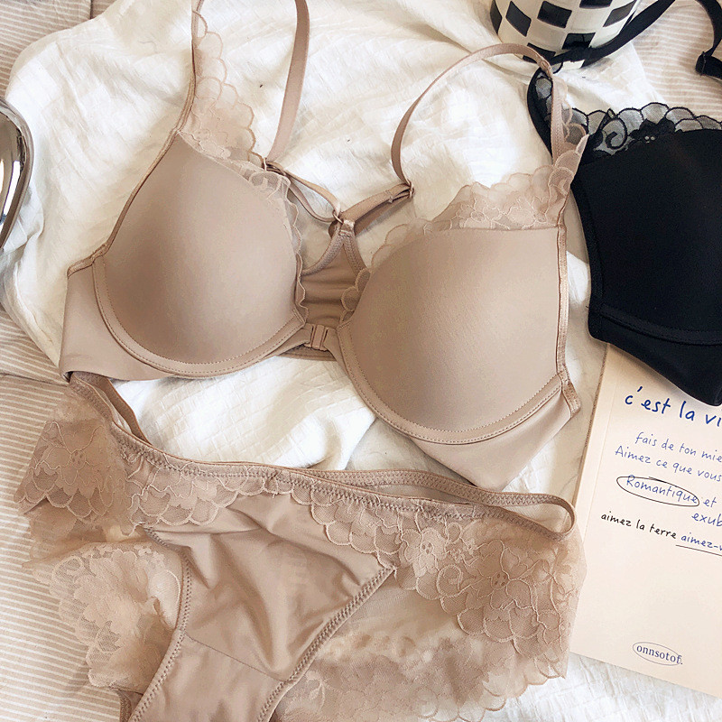 Komplet grudnjaka s prednjim kopčanjem, tanka podstavljena košarica, jednobojni uzorak s ukrasom od čipke Ženski grudnjak s žicom za ljeto, seksi donje rublje