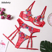 Aduloty Set de lenjerie sexy pentru femei, sutien cu sârmă brodat din dantelă, set de tanga, plasă subțire, lenjerie erotică transparentă