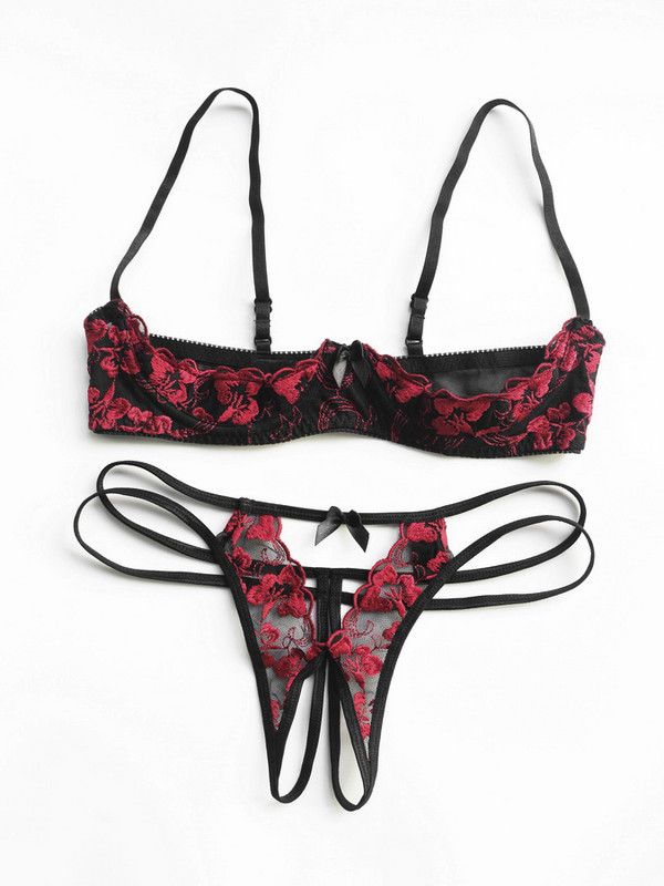 Donje rublje za ljubavnike Čipkano zavodljivo žensko izdubljena prsa Ultratanki grudnjak sa žicom Gaćice Komplet donjeg rublja s podvezicama Intimna odjeća