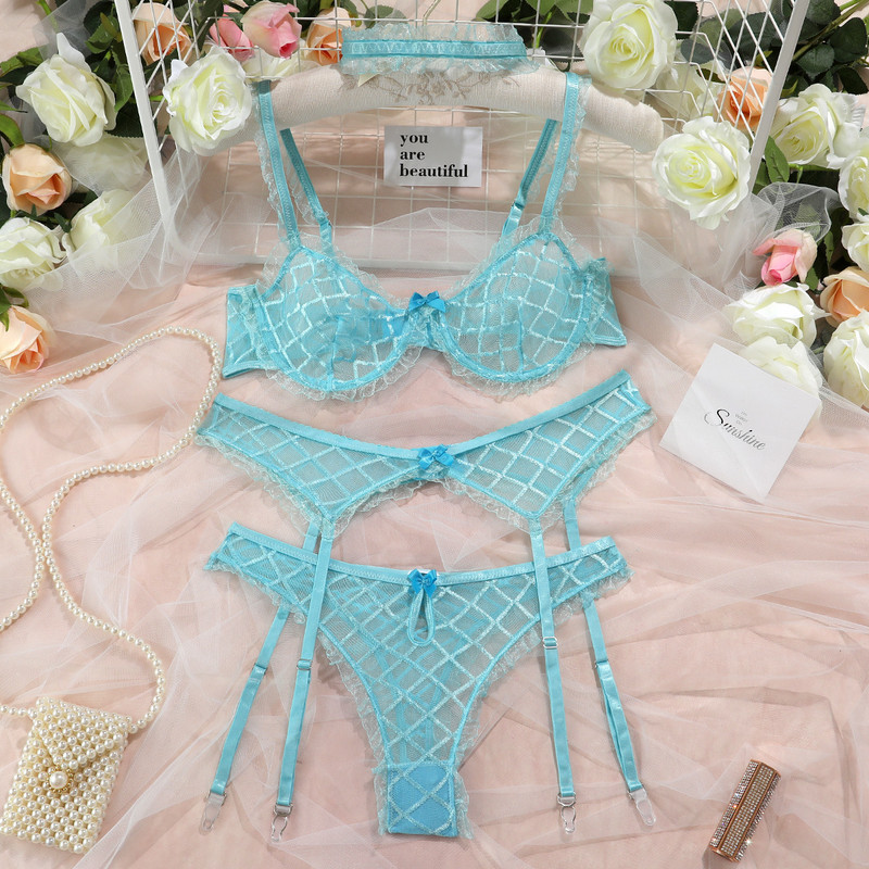 Ellolace În carouri Volane Lenjerie Sutien transparent Set de lenjerie intima Lolita 3 piese Portjartiere cu ciorapi Fancy Sexy Lungery