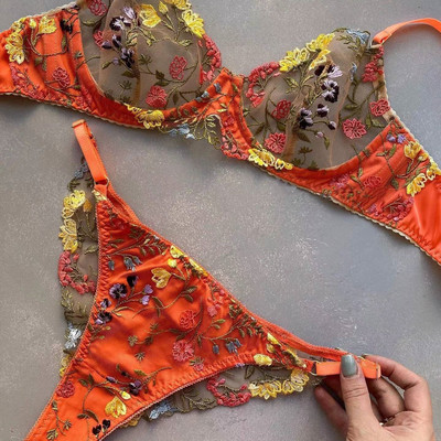 Ellolace Lenjerie sexy Set de broderie din dantelă de lux femei 2 piese sutien erotic transparent și chiloți Lenjerie de corp de lux Orange Bilizna