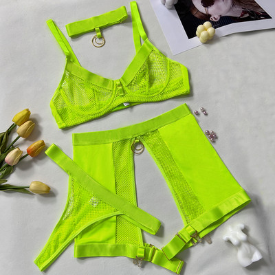 Ellolace Lenjerie fină Lenjerie de corp sexy lenjerie de lux, plasă necenzurată, sutien transparent, tanga, jartiere, set exotic de lux, ținută 4 piese