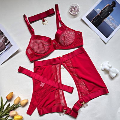 Ellolace Lenjerie fină Lenjerie de corp sexy lenjerie de lux, plasă necenzurată, sutien transparent, tanga, jartiere, set exotic de lux, ținută 4 piese