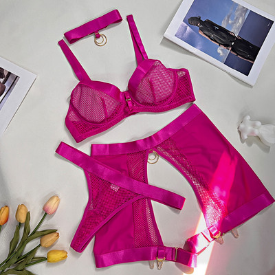 Ellolace Lenjerie fină Lenjerie de corp sexy lenjerie de lux, plasă necenzurată, sutien transparent, tanga, jartiere, set exotic de lux, ținută 4 piese