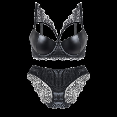 Σέξι Pu Δερμάτινο Σετ Εσώρουχα Γυναικείο Δαντελένιο Σουτιέν Gather Παντελόνι Underwire Solid Push Up 3/4 Cup Εσώρουχα προσαρμοσμένα με λουράκια για γυναίκες