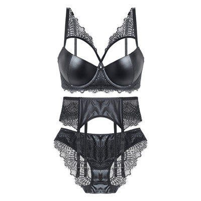 Σέξι Pu Δερμάτινο Σετ Εσώρουχα Γυναικείο Δαντελένιο Σουτιέν Gather Παντελόνι Underwire Solid Push Up 3/4 Cup Εσώρουχα προσαρμοσμένα με λουράκια για γυναίκες