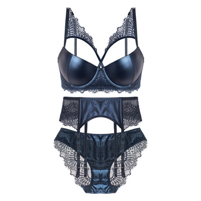 Σέξι Pu Δερμάτινο Σετ Εσώρουχα Γυναικείο Δαντελένιο Σουτιέν Gather Παντελόνι Underwire Solid Push Up 3/4 Cup Εσώρουχα προσαρμοσμένα με λουράκια για γυναίκες