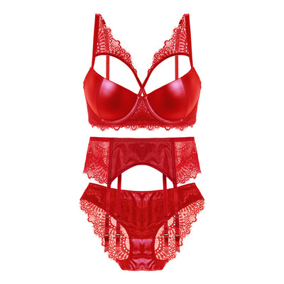 Σέξι Pu Δερμάτινο Σετ Εσώρουχα Γυναικείο Δαντελένιο Σουτιέν Gather Παντελόνι Underwire Solid Push Up 3/4 Cup Εσώρουχα προσαρμοσμένα με λουράκια για γυναίκες