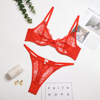 Dantela Lenjerie Senzuală Lenjerie de corp Sexy See Through Femei Seturi de slip erotic Sutien Push-up cu sârmă Set Bilizna