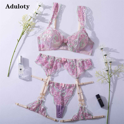 Aduloty Lenjerie de corp sexy pentru femei Set de sutien brodat cu flori rafinate, secțiune subțire de vară, perspectivă, jartieră, lenjerie erotică