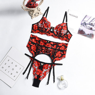 Set de sutien din dantelă Yimunancy, 3 piese, pentru femei, cu broderie florală, set de lenjerie intima roșie transparentă, set de lenjerie sexy gotic pentru femei