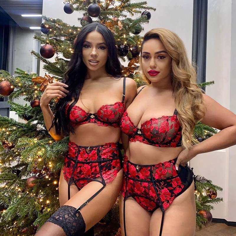 Set de sutien din dantelă Yimunancy, 3 piese, pentru femei, cu broderie florală, set de lenjerie intima roșie transparentă, set de lenjerie sexy gotic pentru femei