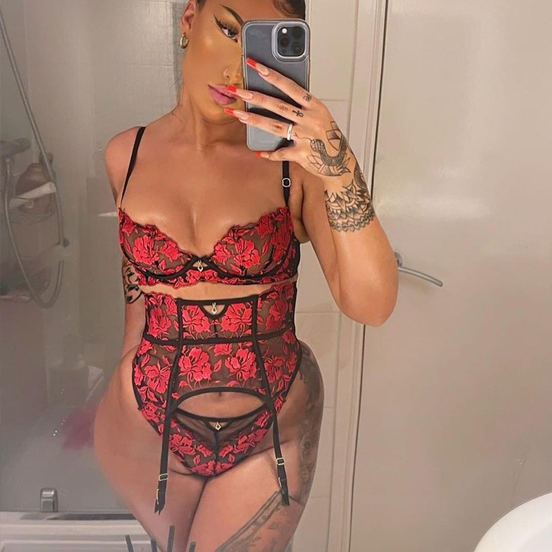 Set de sutien din dantelă Yimunancy, 3 piese, pentru femei, cu broderie florală, set de lenjerie intima roșie transparentă, set de lenjerie sexy gotic pentru femei