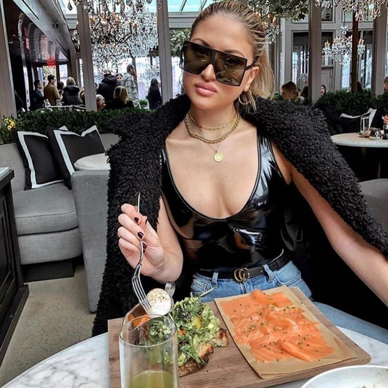 Body negru din piele pentru femei, 2021, cu decolteu în V, fără spate, body sexy, bodycon, vară, pu, negru, pentru femei