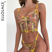 Ellolace Sensual Floral Lenjerie Seturi exotice Set de lenjerie intima transparentă sexy femei 2 piese broderie ținută fantezică intima zână