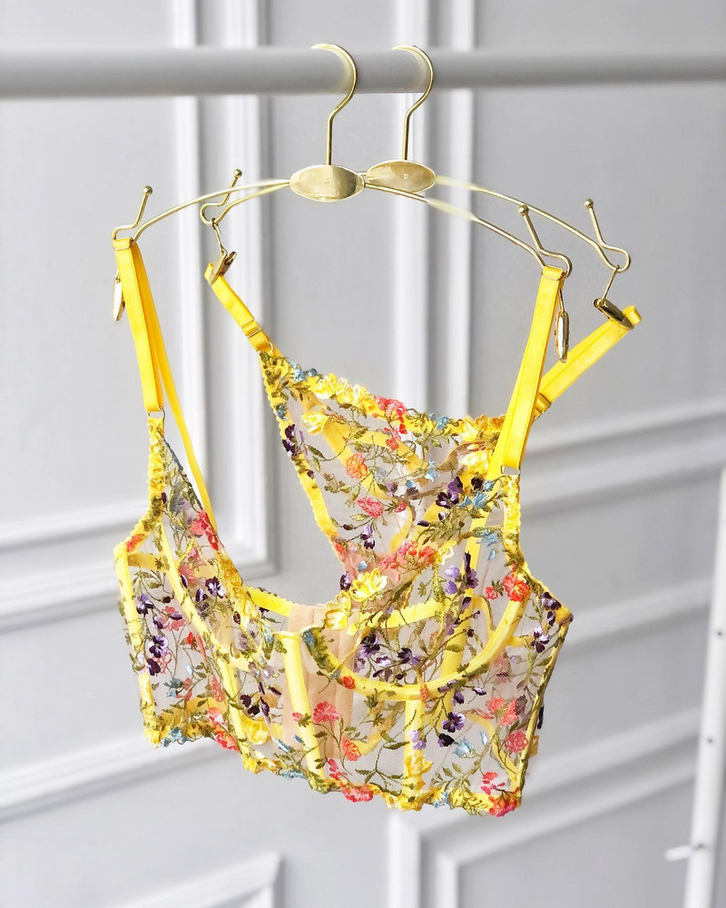 Ellolace Sensual Floral Lenjerie Seturi exotice Set de lenjerie intima transparentă sexy femei 2 piese broderie ținută fantezică intima zână