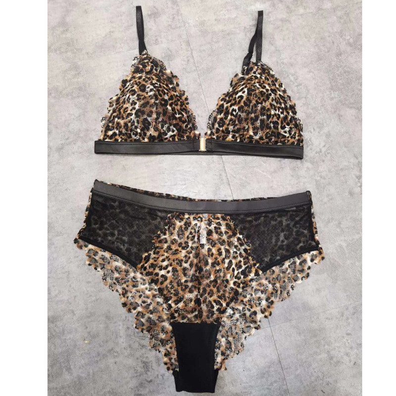 Noua lenjerie de corp din dantelă franceză imprimeu leopard fără inel de oțel cataramă față frumos spate piept mic sexy sutien sutien triunghi