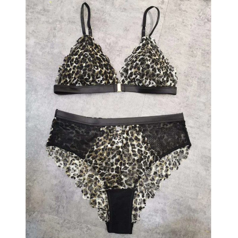 Noua lenjerie de corp din dantelă franceză imprimeu leopard fără inel de oțel cataramă față frumos spate piept mic sexy sutien sutien triunghi