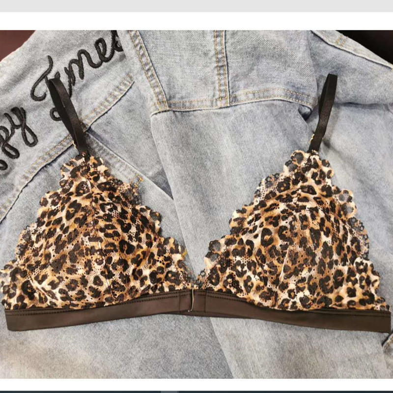 Noua lenjerie de corp din dantelă franceză imprimeu leopard fără inel de oțel cataramă față frumos spate piept mic sexy sutien sutien triunghi