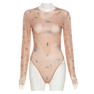 Body sexy dintr-o singură bucată, strâns, pentru femei, cu mânecă lungă, cu gâtul în formă de O, îmbrăcăminte de bază pentru petrecere, cu imprimeu de vară, sălbatic, subțire.