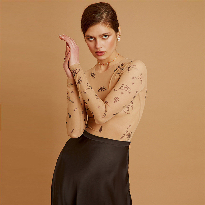 Body sexy dintr-o singură bucată, strâns, pentru femei, cu mânecă lungă, cu gâtul în formă de O, îmbrăcăminte de bază pentru petrecere, cu imprimeu de vară, sălbatic, subțire.