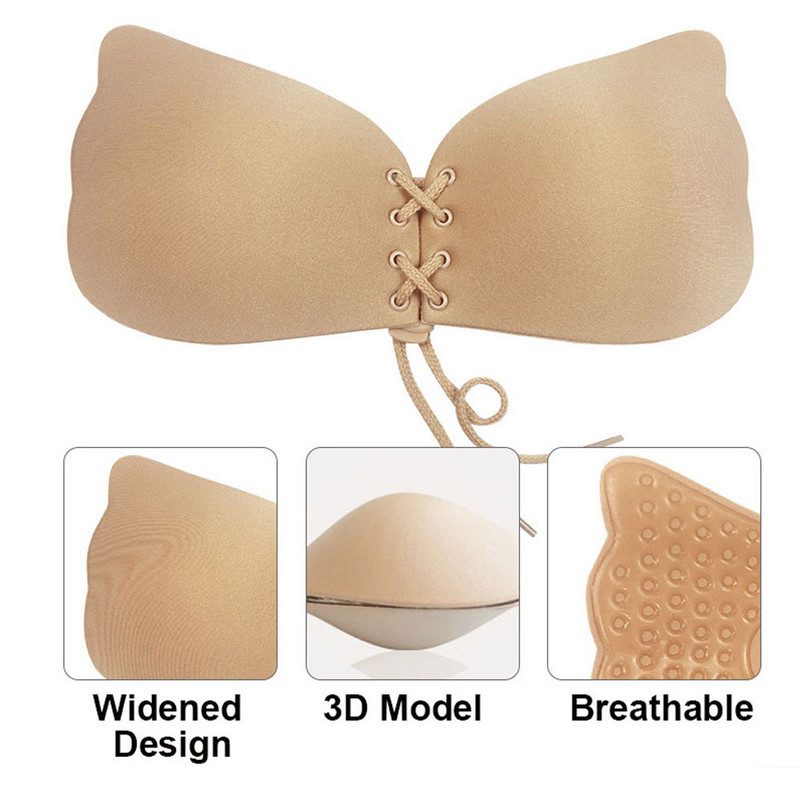 Kleepuvast silikoonist nähtamatu rinnahoidja Push Up pingutusnööriga kleepuv õlakateta täisrinnahoidjad, seljata eest sulguv, seksikas naiste aluspesu