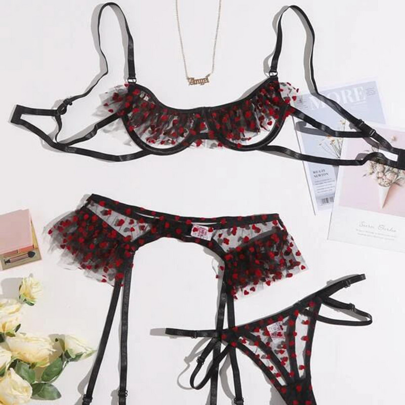 3tk Südameroosa naiste seksikas rinnahoidja pükste komplekt koos ripskoes pitsiga lahtise rinnahoidja stringid, eksootilised läbipaistvad läbipaistvad pesukomplektid